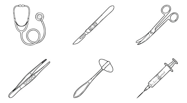 Medical equipment line icons set, surgical tools and doctor instruments vector, stethoscope and syringe illustrations for healthcare design