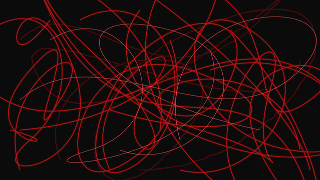 Abstract red chaotic scribbles and tangled lines on a solid black background representing emotional stress, energy, and complex mental noise