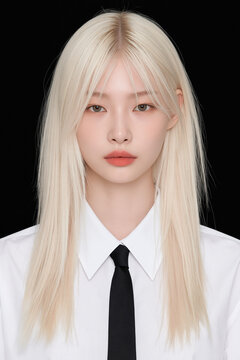 Studio Portrait Of Woman With Platinum Blonde Layered Hair On Black Background
