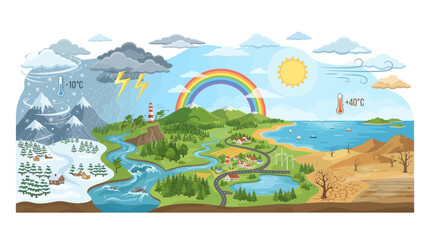 Obraz premium Comprehensive Climate Zones Illustration Showing Seasonal Weather Transitions from Snowy Mountainous Regions to Hot Arid Desert Landscapes