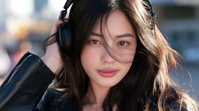 A young woman with dark hair and headphones around her head, looking at the camera with a slight smile. She is wearing a black leather jacket