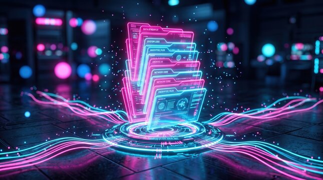 Futuristic glowing digital data folders and file management system concept in a cyber space