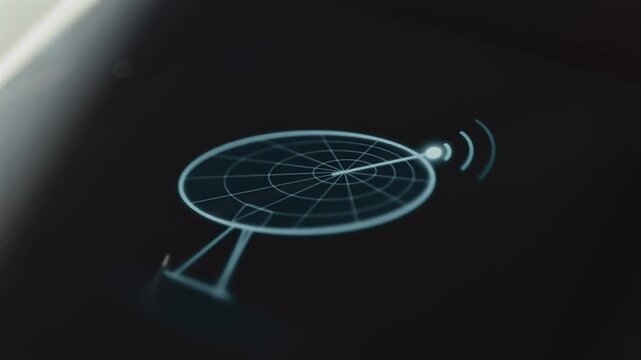 Parabolic antenna broadcasts expanding cyan signal waves