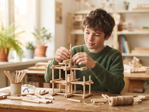 Boy building a wooden construction toy at a table in a bright room.