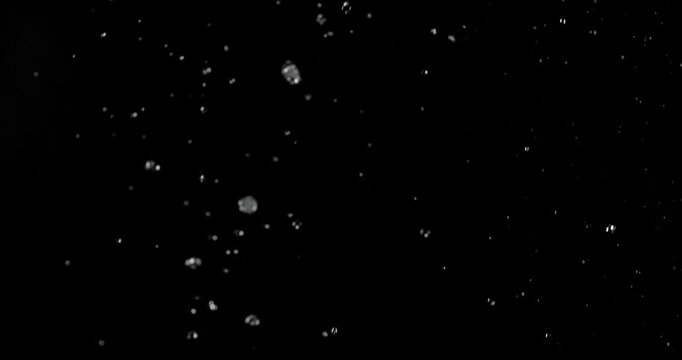 Slow motion floating water droplets on a black background. Premium VFX overlay for cinematic compositing, motion graphics, title animations, trailers and professional visual effects.