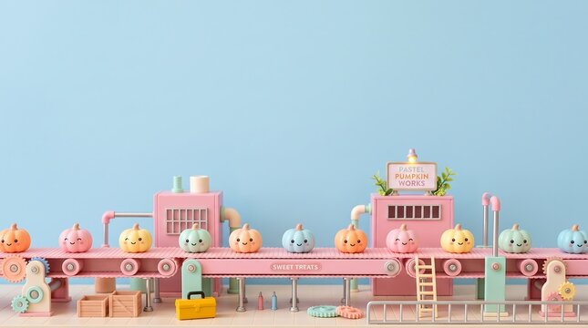 industrial background featuring a cute mini conveyor belt with kawaii pumpkin candies and pastel blue copy space.