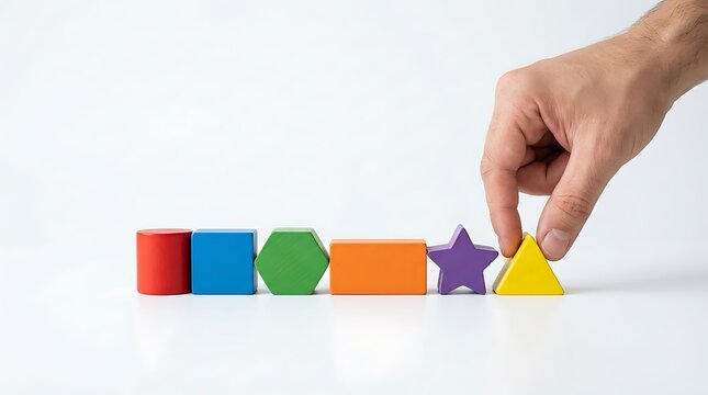 A human hand is placing a yellow triangle block next to purple star, orange rectangle, green hexagon, blue square, and red cylinder blocks.
