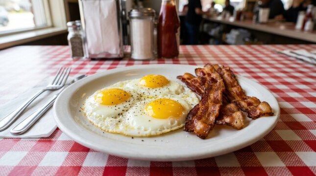 Classic American breakfast with fried eggs and crispy bacon on a red checkered tablecloth