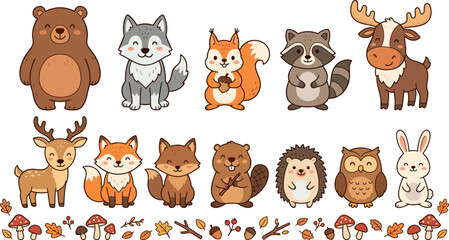 Obraz premium Cute woodland animals vector set with cartoon bear wolf squirrel raccoon deer fox beaver hedgehog owl and rabbit for kids autumn nursery decor