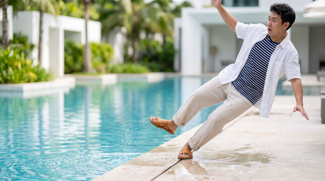 Asian man slipping on wet poolside. Male character losing balance near swimming pool. Concept of accidental fall, stumble, danger and careless movement at water recreation area.