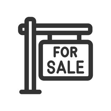 For sale sign line icon vector, real estate property placard symbol isolated on white background. Minimalist real estate sign line icon for house selling, mortgage, commercial offer, and property agen