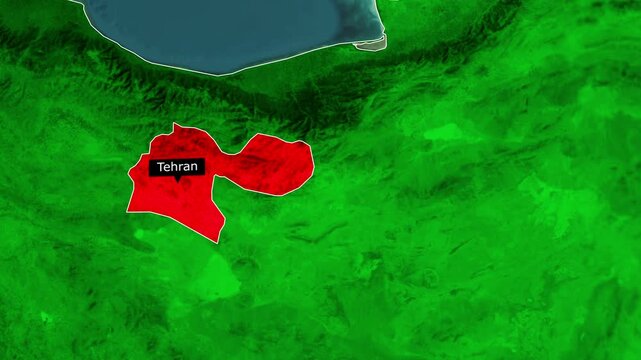 Tehran province region highlighted in bright red on a detailed digital map animation showing geographic borders and satellite terrain features for informative video stock footage production