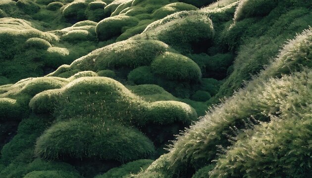 Lush green mossy landscape in iceland with rolling hills and soft natural lighting