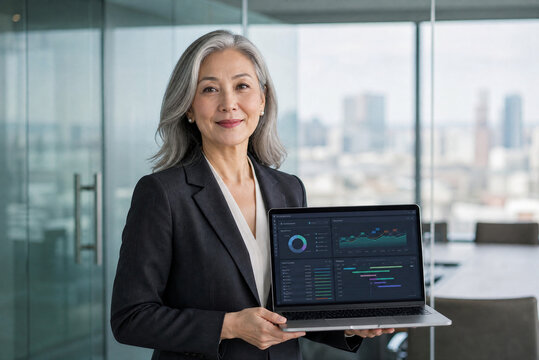 Confident senior businesswoman holding laptop with financial data. Professional female executive presenting business analytics in modern office.