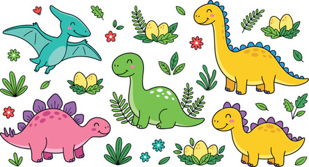 Obraz premium Cute cartoon dinosaur vector set with prehistoric baby dinos dino eggs pterodactyl stegosaurus brontosaurus and tropical leaves for nursery wallpaper design elements