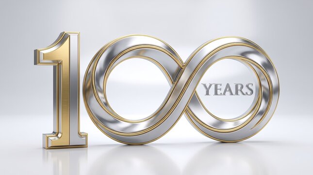 3d render of the number 100 with an infinity symbol design and the word years isolated on white background