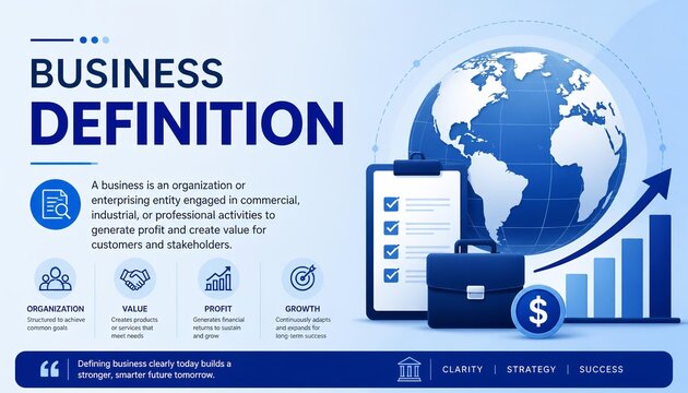 Business definition infographic featuring a 3d globe with financial growth charts and corporate icons on a professional light blue background