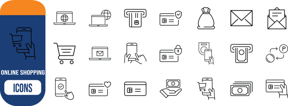 Online shopping vector icons. laptop icon set, shopping cart icon set, credit card icon set