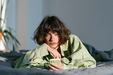 Obraz premium Young woman in green shirt lying on bed using smartphone in a sunlit bedroom for contemplative lifestyle and mobile communication
