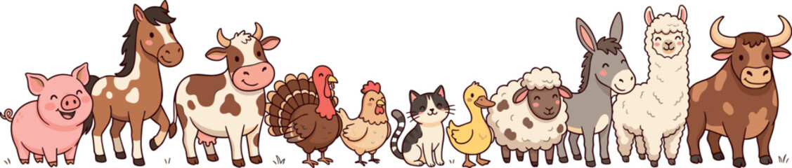 Naklejka premium Cute farm animals standing in a row featuring cartoon livestock like cow horse pig sheep turkey and duckling vector illustration