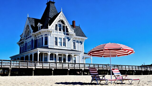 A tall Victorian beach house in New Jersey with ornate white trim and dark-shingled roofline, bright sun casting crisp shadows on gingerbread detailing, red-and-white umbrella and chairs on the sand.