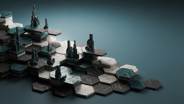 Futuristic isometric city model, abstract hexagonal urban landscape, dark teal and marble architectural concept for technology background