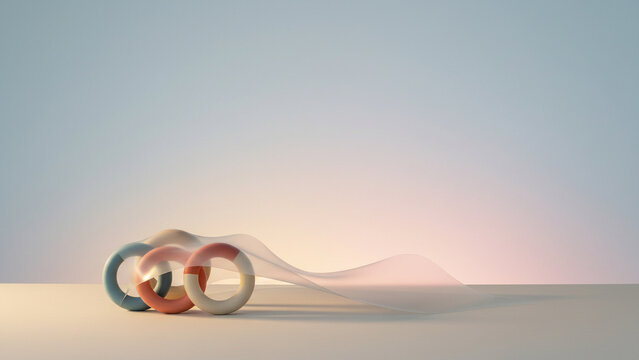 Minimalist 3D abstract rings with flowing silk fabric. Pastel geometric shapes on clean studio background. Modern artistic composition.