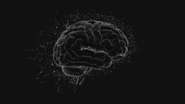 A 3D rendering of a human brain with particles swirling around it, set against a dark background