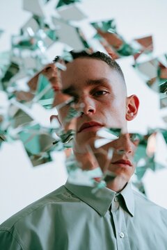Young man framed by broken mirror pieces with layered reflections and green glass fragments creating a fragmented identity portrait in a conceptual study