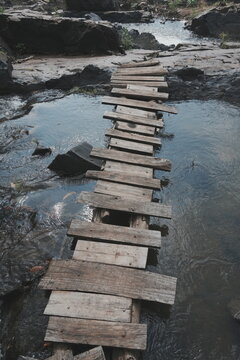 Rustic wooden bridge crossing a small stream in a tranquil forest nature scenery