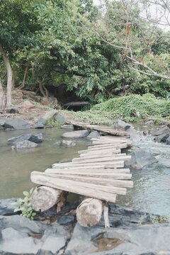 Rustic wooden bridge crossing a small stream in a tranquil forest nature scenery