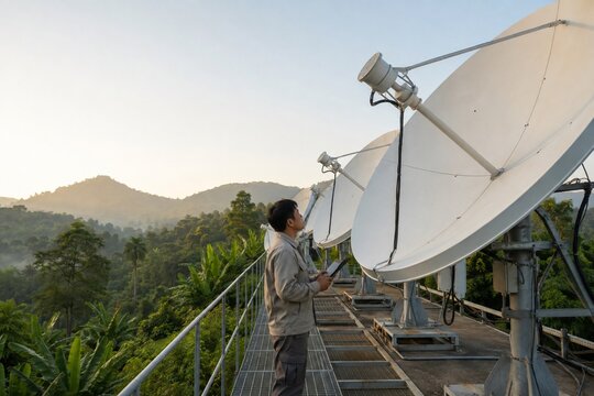 Technician inspecting commercial satellite ground station