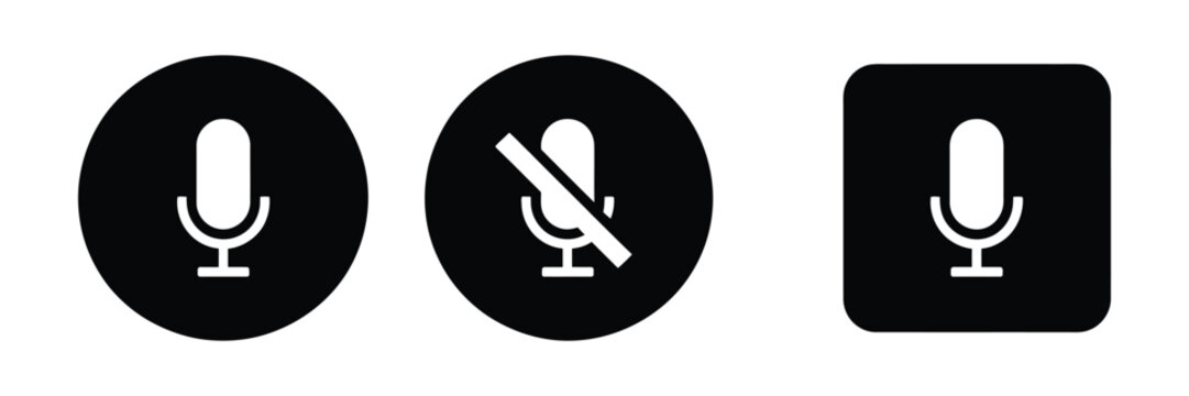 Microphone mute icon set, unmute, audio control, voice chat, video call, online meeting, conference, communication, sound, speaker, solid black, clean vector.  