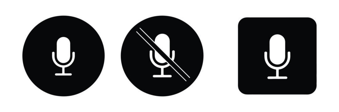 Microphone mute icon set, unmute, audio control, voice chat, video call, online meeting, conference, communication, sound, speaker, solid black, clean vector.  