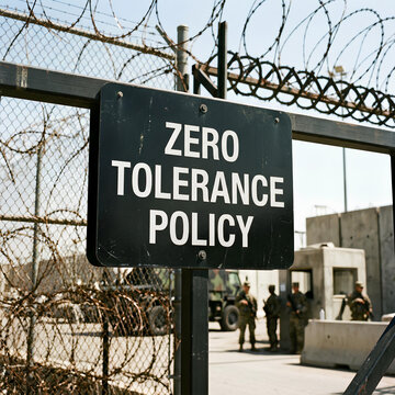 Zero Tolerance Policy Sign at Military Gate with Soldiers and Barbed Wire