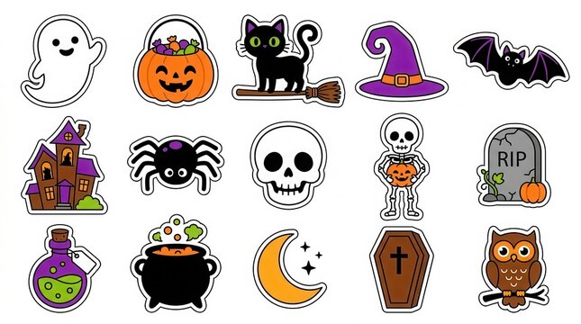 Set of halloween stickers featuring ghosts, pumpkins, witches, skulls and spooky