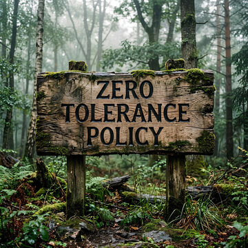 Zero Tolerance Policy Sign in Misty Forest Environmental Protection Concept