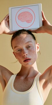 Young woman holding tablet displaying brain icon above head wellness concept portrait with freckled skin warm light and minimalist backdrop for health imagery