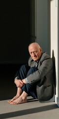 Fototapeta premium Elderly man seated against a wall in strong sunlight, introspective and solitary scene for mental health and care materials