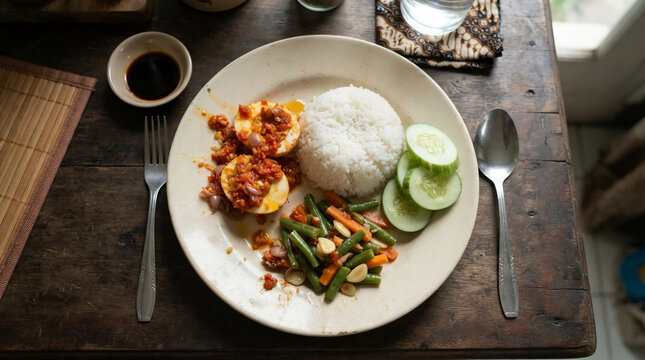 Indonesian spicy egg dish, Nasi Telur Balado, served with rice and vegetables on a rustic wooden table