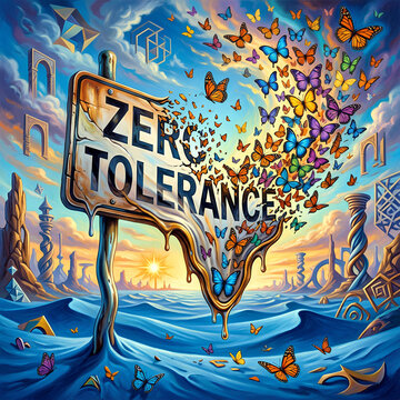 Zero Tolerance Sign Dissolving into Butterflies Over Surreal Ocean Landscape