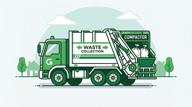 Illustration of a green waste collection truck with a compactor in a suburban neighborhood