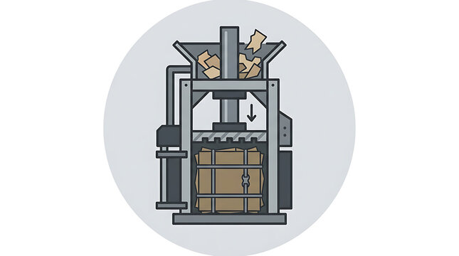 Industrial baler machine compressing cardboard waste into a tied bale
