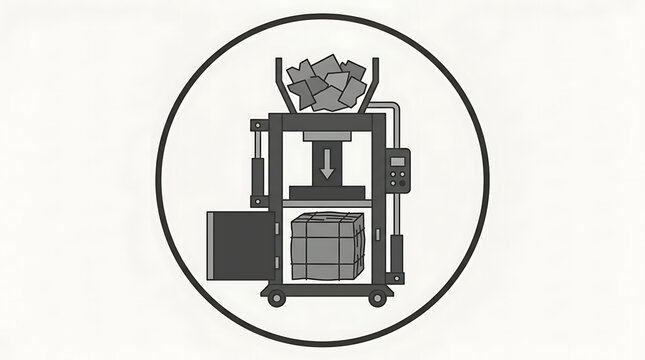 Illustration of a waste compactor machine compressing materials into a square bale