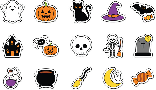 Halloween sticker set with cute ghost pumpkin cat and spooky holiday icons for crafts