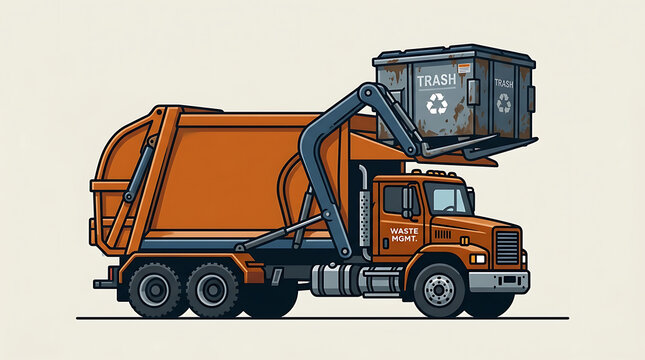 Orange automated garbage truck lifting a metal dumpster against a light background