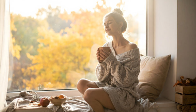 Thanksgiving & Autumn Wellness: Peaceful woman relaxes by window with warm beverage, enjoying golden autumn view