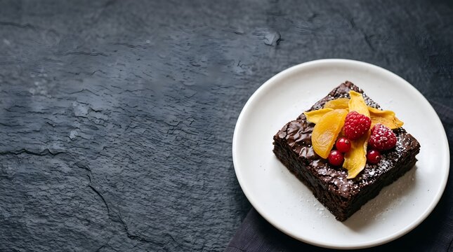 A delicious gourmet chocolate brownie topped with fresh raspberries and orange slices on a white plate