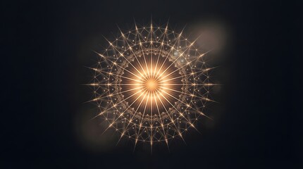 Fototapeta premium Abstract circular glowing mandala pattern with intricate golden geometric lines on a dark black background