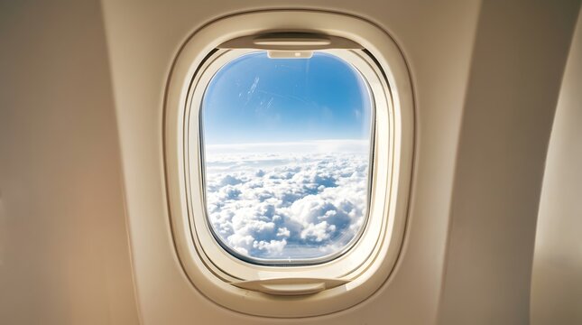 View of the snowy landscape from an airplane window during a flight on a clear winter day